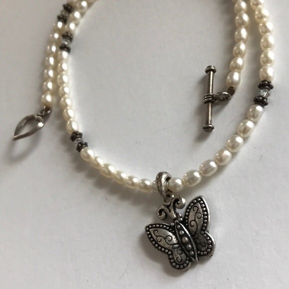 Vintage Handmade Sterling Silver Butterfly Pearl Swarovski Crystal Necklace 16 - Picture 7 of 8